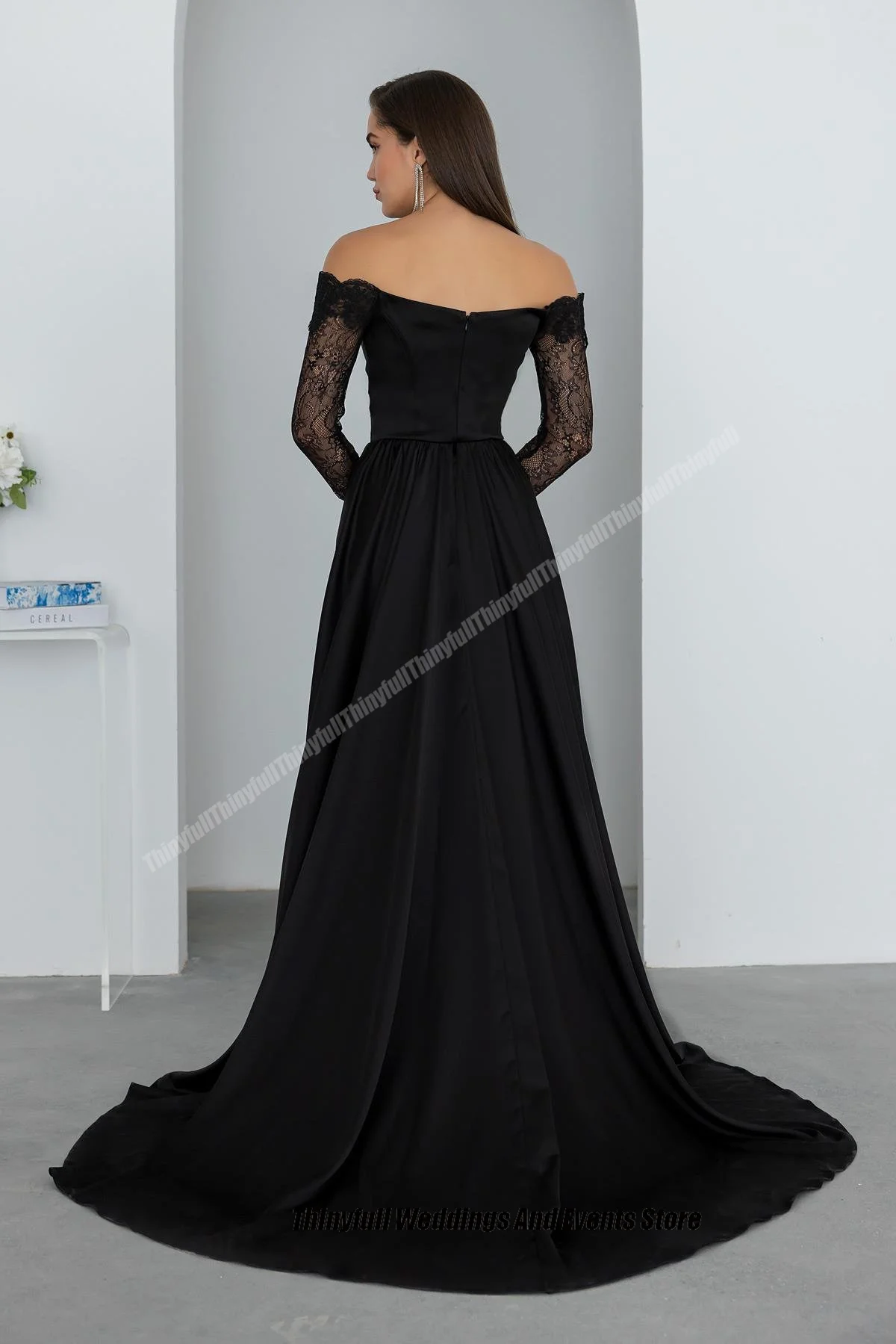 Thinyfull Mermaid Satin/Lace Prom Dresses Long Sleeves Off Shoulder Evening Dress Split Long Formal Occasion Gown Robe De Soirée