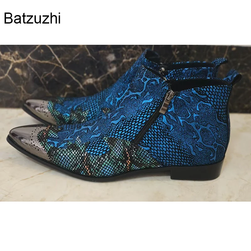 Batzuzhi Luxury Handmade Men's Boots Fashion Light Green Leather Ankle Boots Man with Pointed Toe Double Zips Boots Man