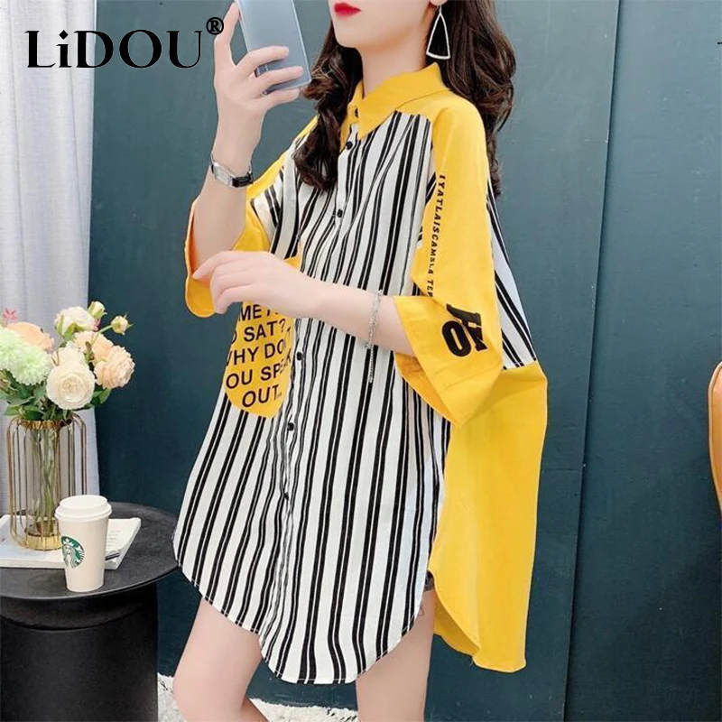 Spring Summer Street Style Trend Fashion Striped Patchwork Short Sleeve Blouse Lady Harajuku Y2K Button Up Shirt Women\'s Clothg