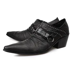 Punk Style Rivet Belt Buckle Decor Loafers for Men Pointed Toe Chunky Heel Shallow Slip-On Oxfords Male Party Dress Derby Shoes