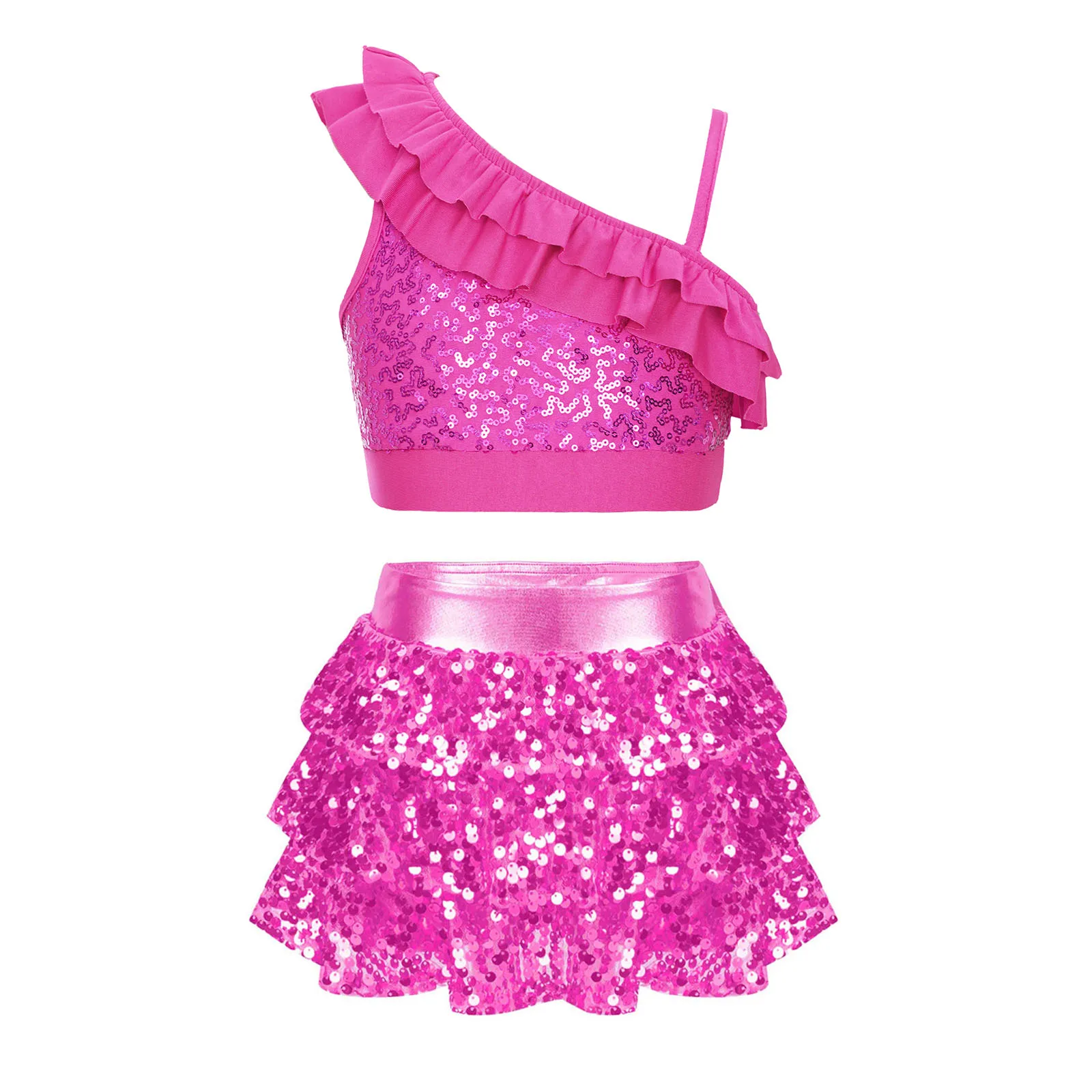 

Kids Girls Sequined Jazz Latin Dance Costume 2 Piece Dance Set Metallic Crop Top with Skirt Ballet Gymnastics Dancewear