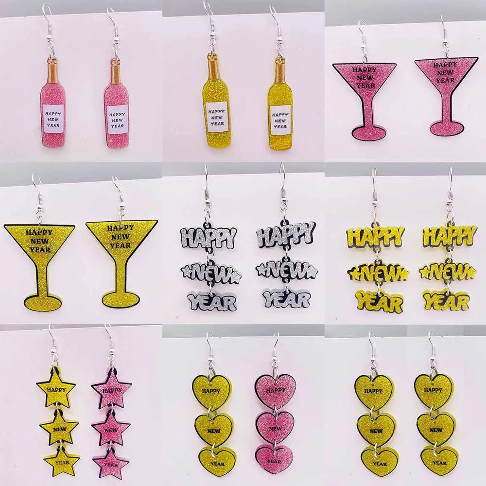 Happy New Year Earrings Star Shaped Peach Heart Sparkling Powder Wine Glass Acrylic Pendant Earrings for Women Gift
