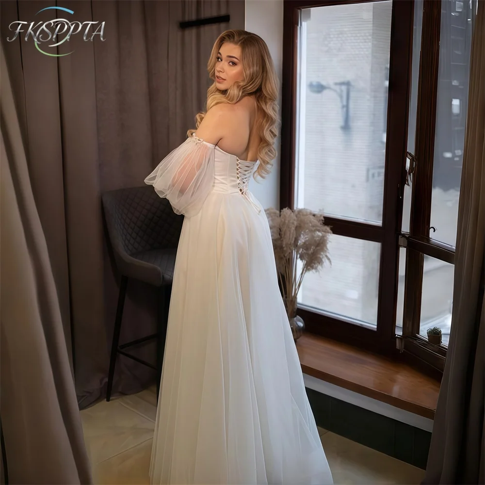 Modern White Tulle 2026 Wedding Dress Off The Shoulder Full Sleeves A Line Chic Crystals Bridal Gown For Wedding Party Wholesale