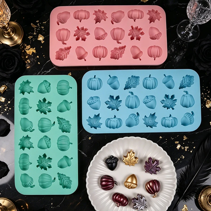 Thanksgiving Autumn Silicone Mold 18-Cavity Pumpkin Maple Leaf Acorn Chocolate Candy Jelly Pudding Cake Decoration Soap Mold