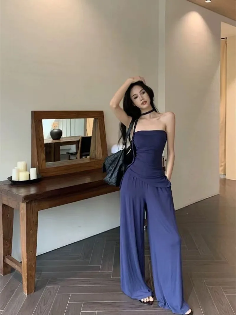 Korean Fashion Hot Girl Vest Hanging Neck Top Women's Autumn New High Waisted Casual Wide Leg Pants Two-piece Set Female Clothes