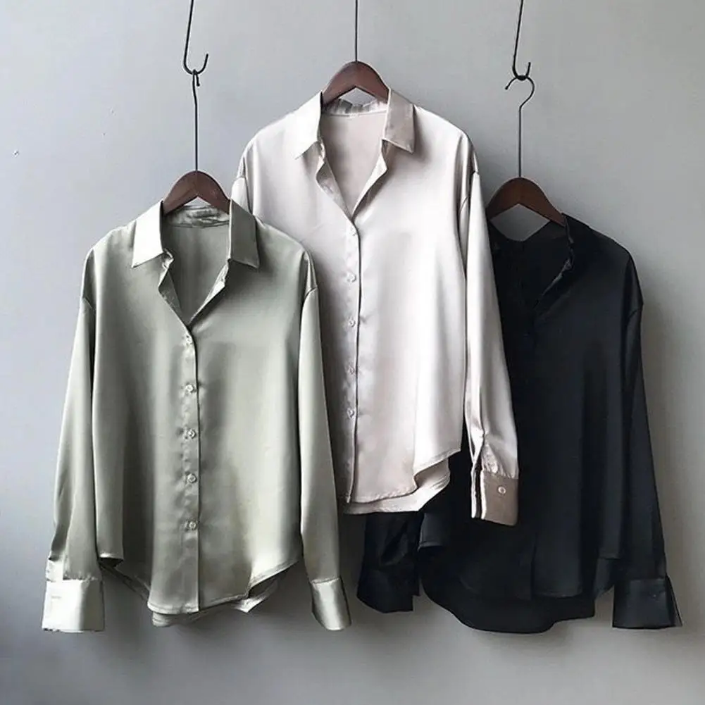 Autumn Fashion Button Up Satin Shirt Vintage Blouse Women White Lady Long Sleeves Female Loose Street Shirts