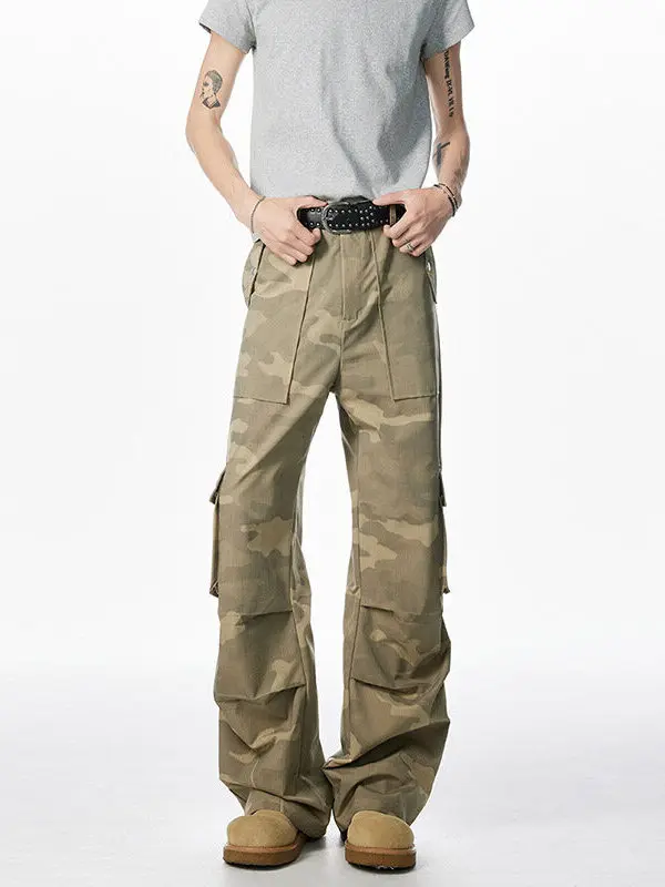 

Khaki Ice Silk Camouflage Work Pants Men's Summer Thin Multi-Pocket Design Trousers Pleated Straight Leg Casual Pants