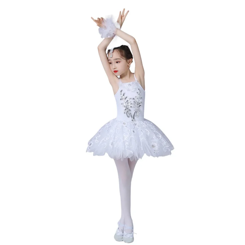 Girls Ballerina Party Costume Sequined Flower Ballet Dance Dress Dancewear Gymnastic Leotard For Kids Ballet Tutu Dress White