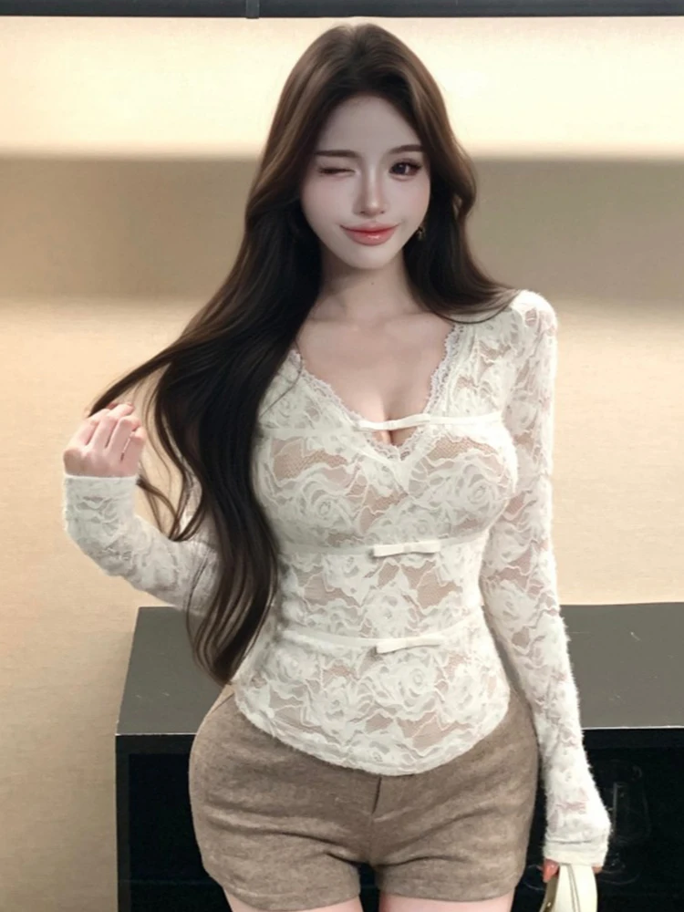 

New Spring Women Lace Floral Slim Fit Tops Long Sleeve Short Shirt Sweet V-Neck Bow Blouse Y2K Daily Wear Street Clothes Casual