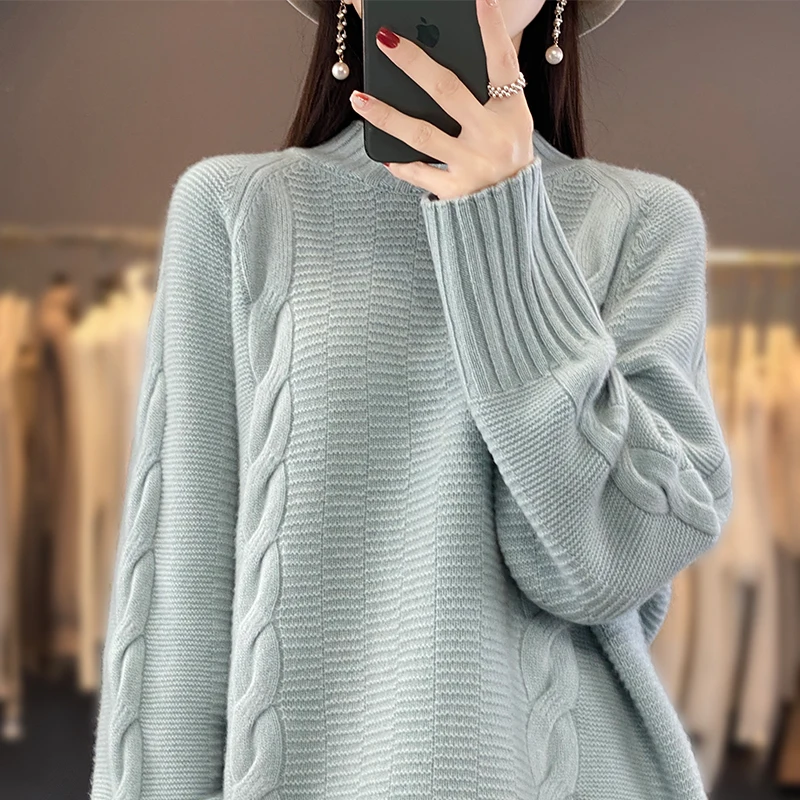 

Fall/winter 100% Wool Knitted Sweater Women's Twist Semi-High Collar Loose New Knitted Outdoor Warm Fashion Top