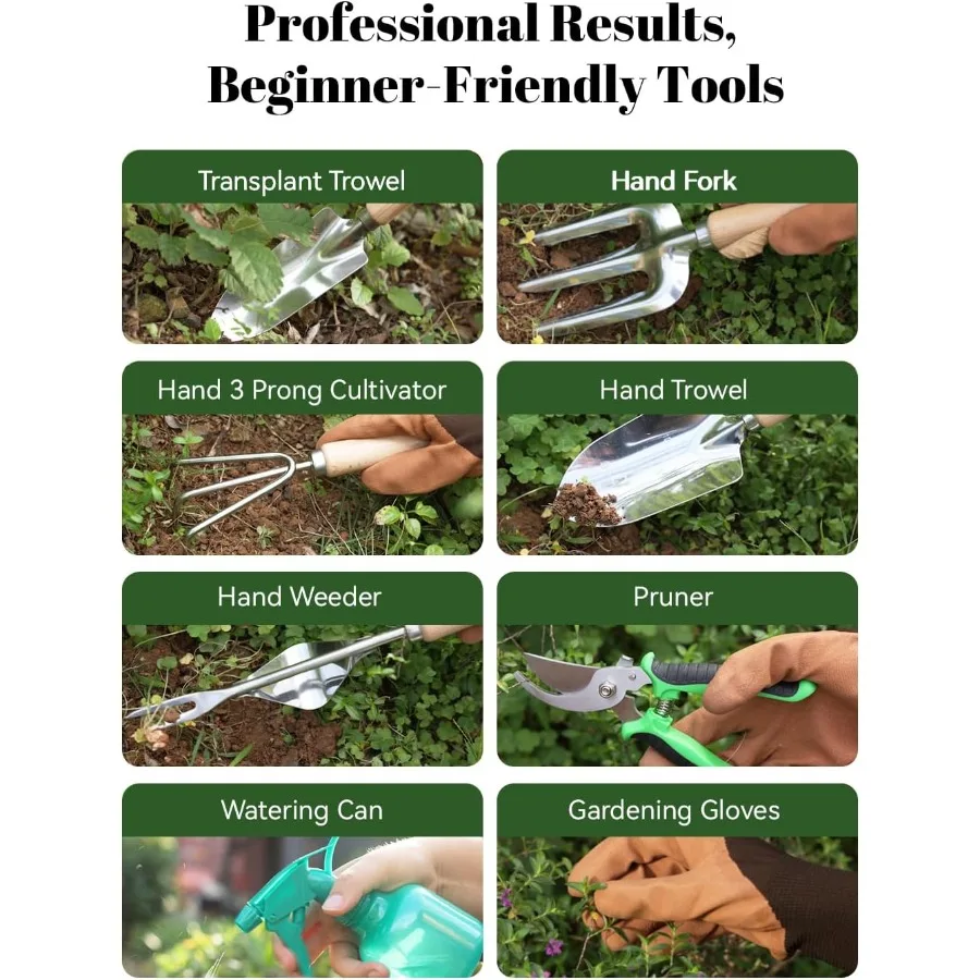 VerdantVibes Set di attrezzi da giardino da 9 pezzi Utensili manuali da giardinaggio resistenti con impugnature ergonomiche antiscivolo Spatola resistente alla ruggine Ra