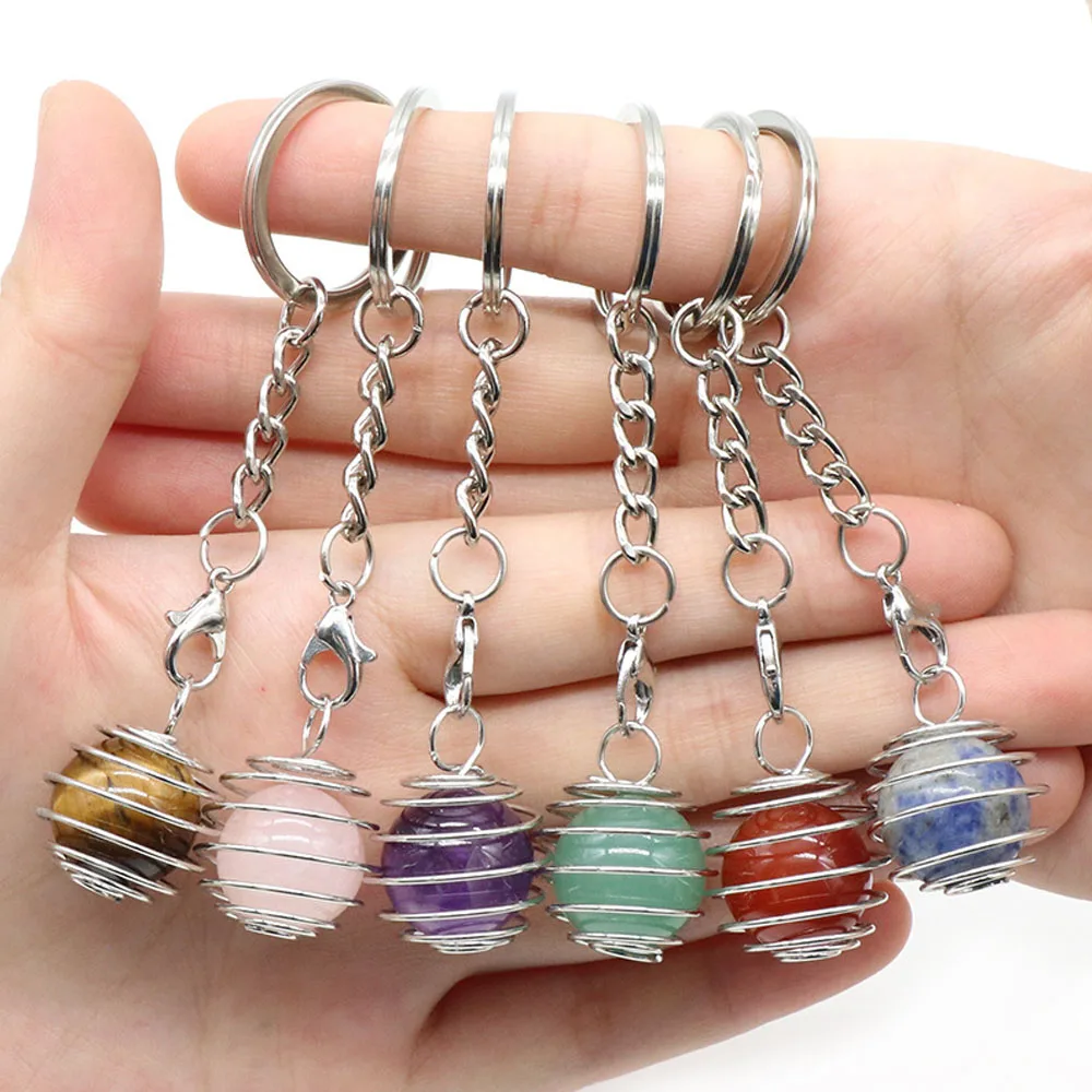 1pc 20mm Random Color Keychain Ball Shape Stainless Steel Car Keychain Reiki Crystal Pendant Handbag Decor Jewelry Accessories