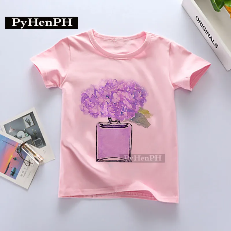 New Girls' Pink T-shirt Fashion Perfume Bottle Printed Baby Short Sleeve Top Loose Base Shirt Summer Girls Clothes