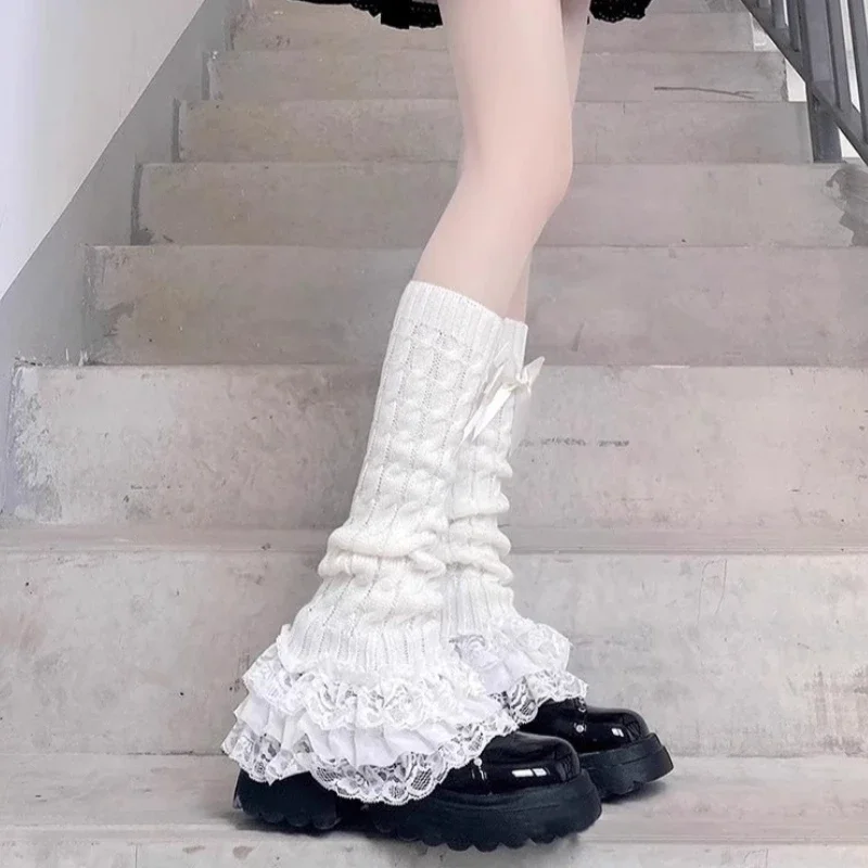 

Женские осенне-зимние длинные носки с кружевной отделкой и бантом, сложенные носки в японском стиле JK Lolita Y2k, вязаные гетры с субкульптурой