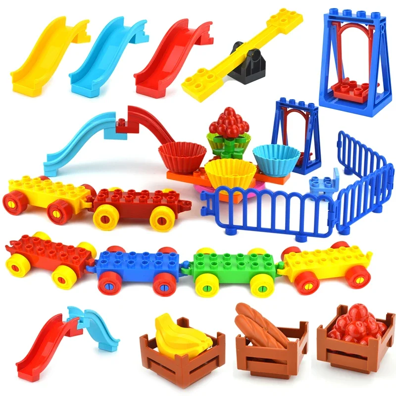 Duploes Building Blocks Park Accessories Seesaw Carousel Train Playground Slide Ladder Swing Fit Big Size Baseplate Bricks Toy