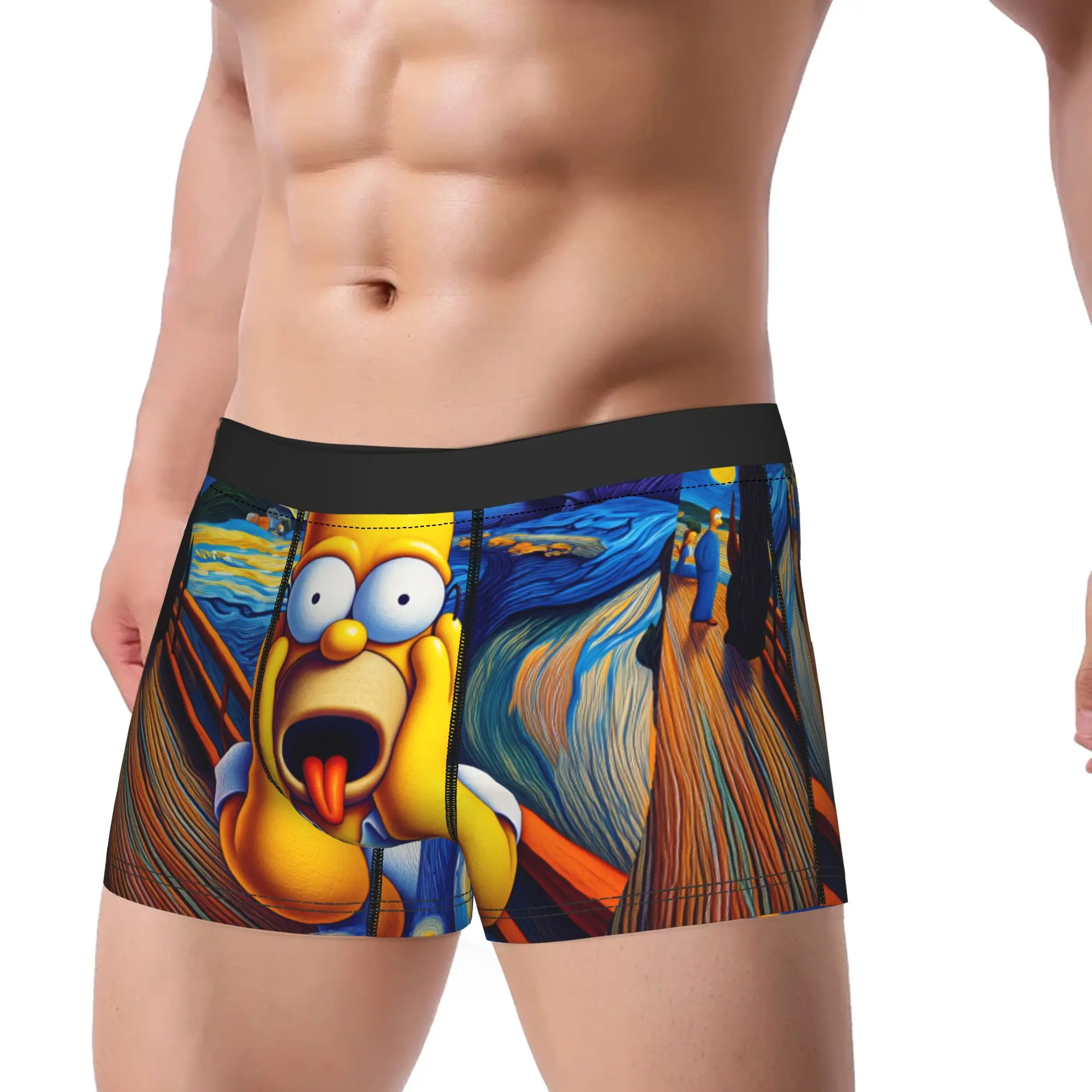 Homer S-Simpsons The Scream Starry Night Art Underwear  Men's Boxer Brief Classic Trunk Quality Custom Oversize Underpants