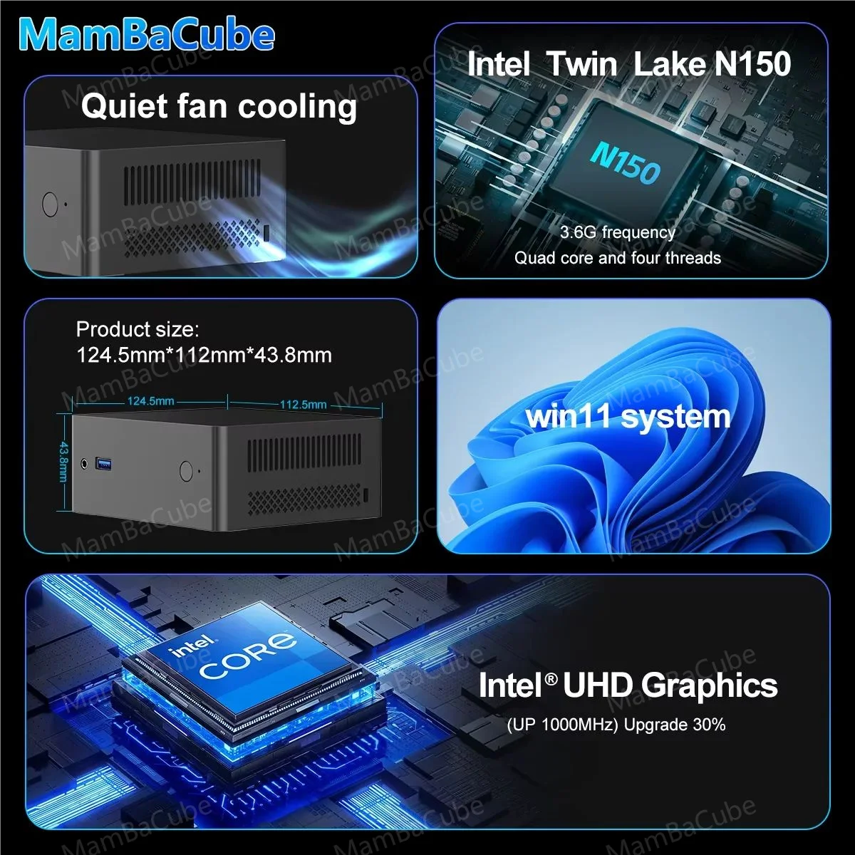 MamBaCube Portable Mini PC Intel N150 Win11 Pro 8GB 16GB RAM DDR4 256GB 512GB SSD WiFi 5 Compact Desktop Home Office Computer