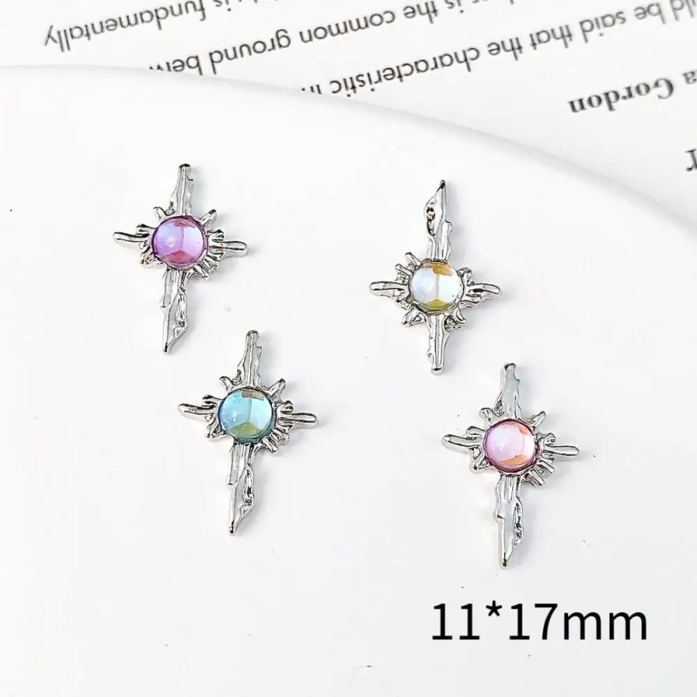 10Pcs Gradient Colorful Round Diamond Inlaid Nail Crystal Charms 3D Minimalist Four-pointed Star Alloy Nail Decorations for DIY