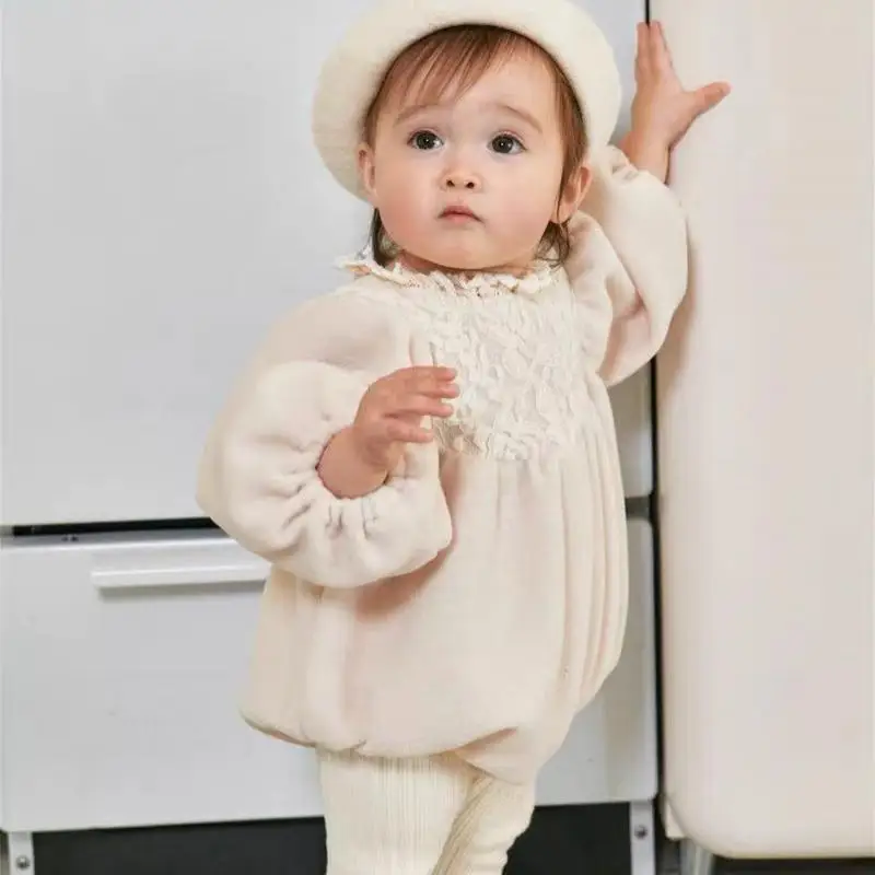 Autumn Winter Ins Girl Baby Fleece Thick Lace Collar Puff Sleeves Bodysuit Newborn Infant Solid Plus Velvet Warm Casual Onesie