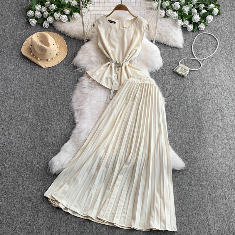 

European American Style Women's Summer New Fashionable Waist Collection Sleeveless Vest Top High Waist Slim Pleated Skirt Set