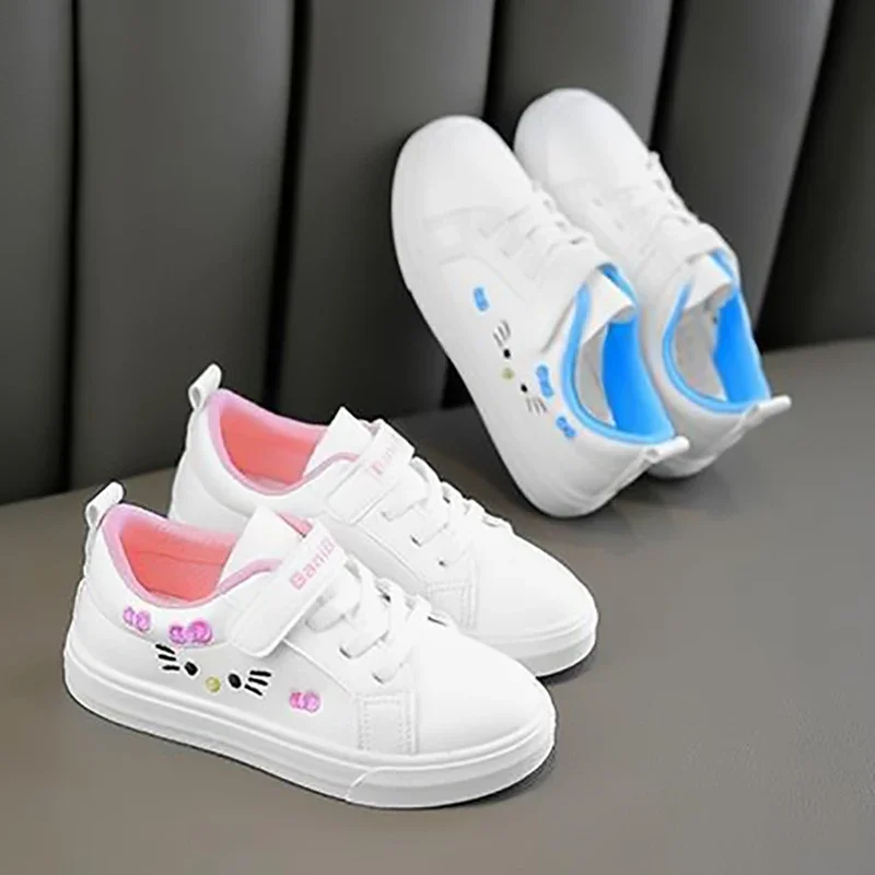 Girl\'s Shoes Fashion Small White Shoe Summer Lightweight Lace-up Cute Cat Pattern Skateboarding Sports Shoes Casual Kid Sneakers