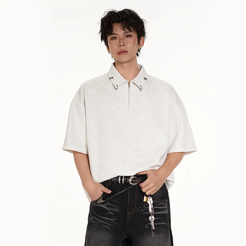 Metal Buckle Zipper Summer Short Sleeve T-shirt Men Streetwear Fashion Loose Casual Hip Hop Polo Shirts Cityboy Tshirt