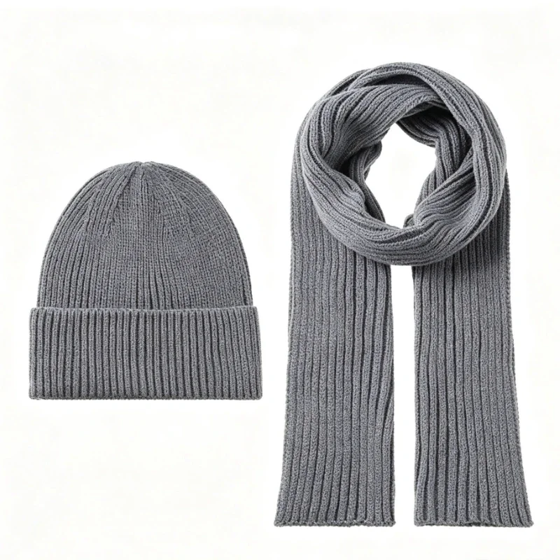 Men Winter Knitted Beanie Hat Scarf Set Thick Warm Solid Color Ribbe Skull Cap Neck Warmer Outdoor Ski Cycling Cold Weather Gift