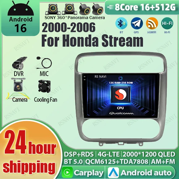Android 16 wifi+4G Carplay  AUTO BT Car Radio For Honda Stream 1 2001-2004 Navigation GPS Video Player Stereo Multimedia BT DSP2