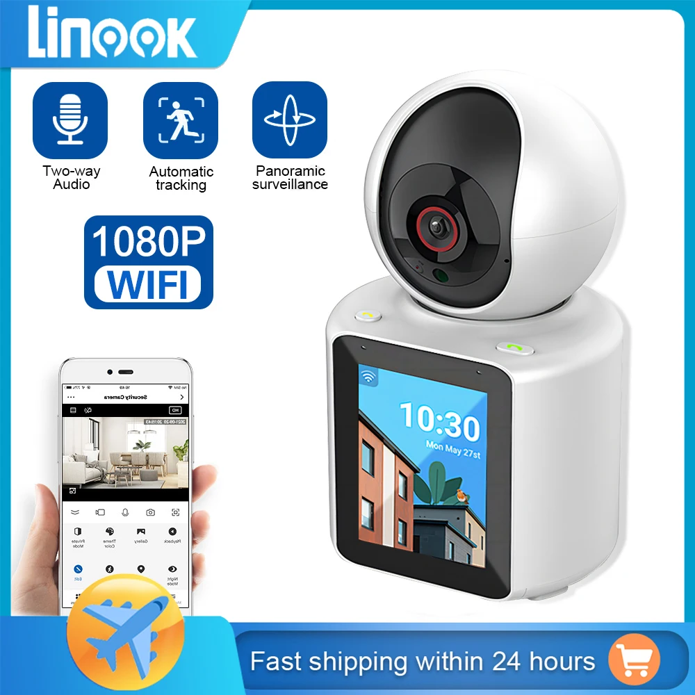 Linook Wifi security camera with 1080P mobile video screen, intelligent CCTV camera, bidirectional 2.8-inch IPS screen with 360