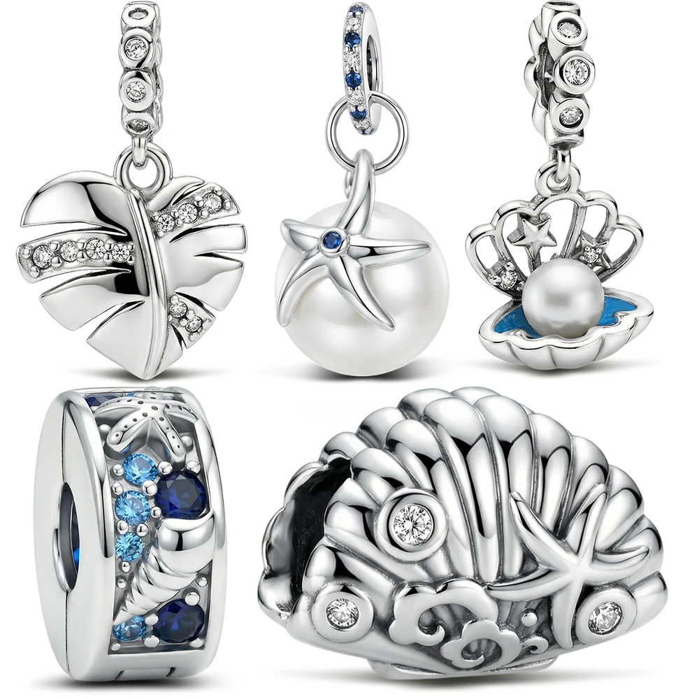 925 Sterling Silber Ozeanperlen-Charm, Monstera-Seestern-Muschelperlen, blauer Kristall-Charm, passend für Armbänder, Strand-Schmuck, Geschenk für Frauen