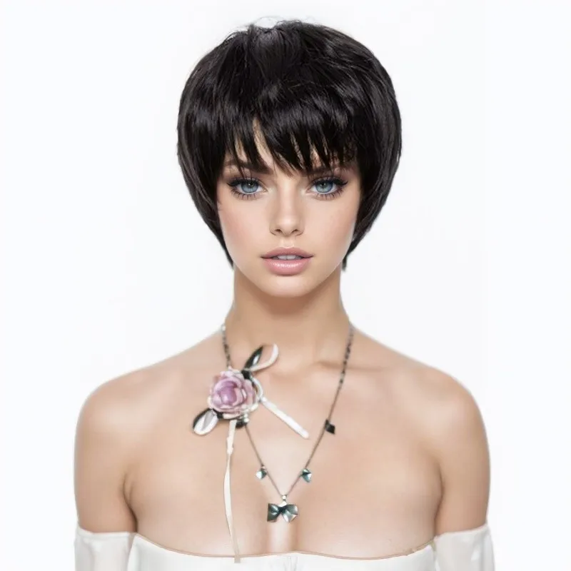 

Short Straight Black Synthetic Wig for Women – Natural Look Heat Resistant Fiber Hair Wig, Fashion Capless Style