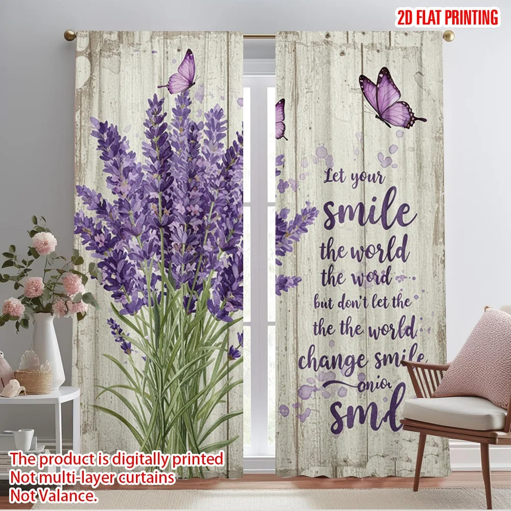 

2pcs 2D flat printing Scene Curtains Lavender Butterfly Floral Wall Polyester Without Electricity Family Party Use for Holiday