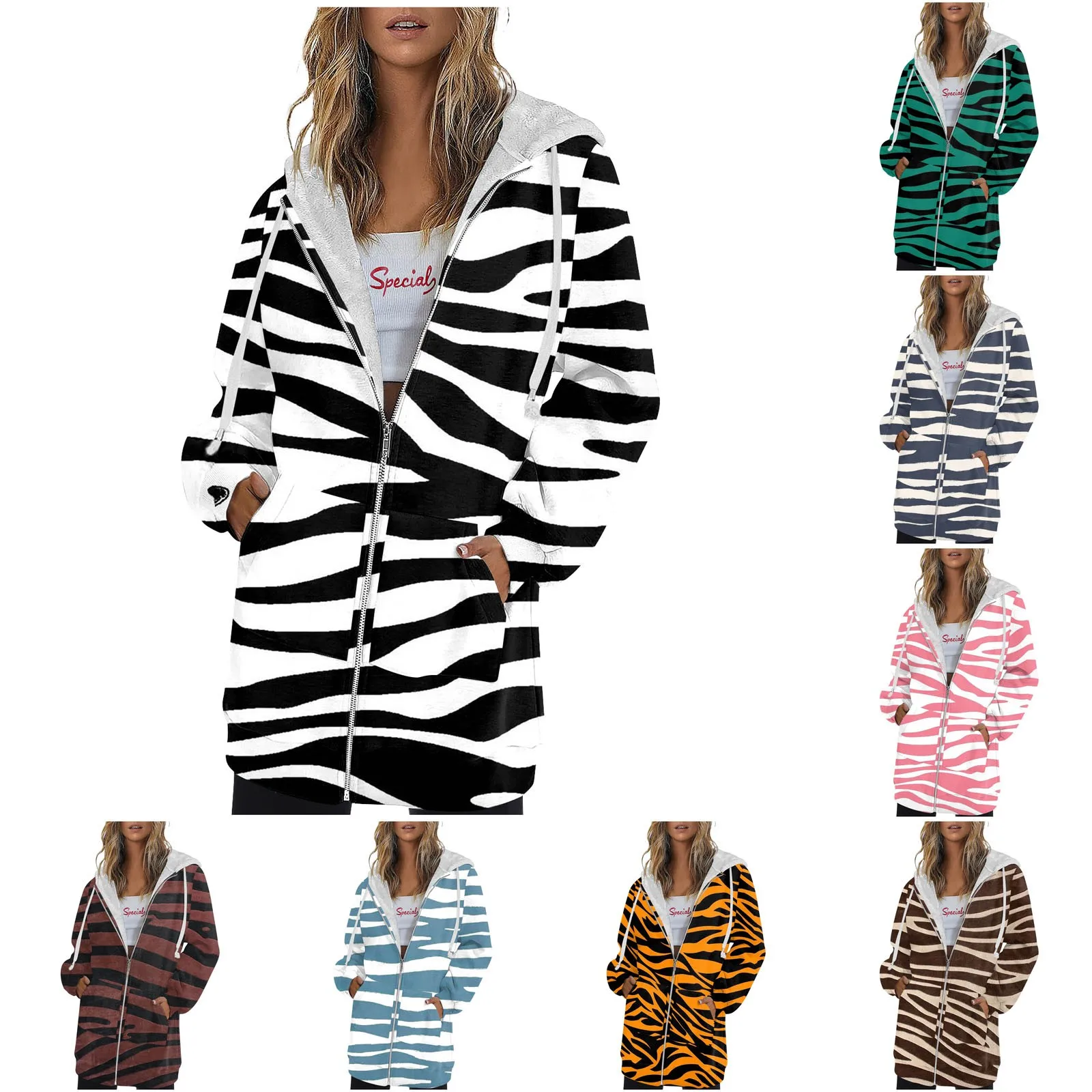 女性用長袖スポーツパーカー、ポケット付きカジュアルストライププリントトップス、ジッパーパーカー、秋冬ファッション