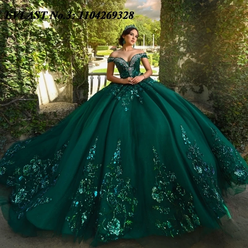 EVLAST Customized Shiny Blackish Green Quinceanera Dress Ball Gown Floral Applique Beading Sweet 16 Vestidos 15 De Anos E3Q852