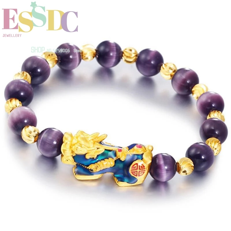 Fashion Women Purple Cat's Eye Stone  Natural Beads Fancy Thermochromic Pixiu Charm Bracelet Sand Gold Jewelry DropShip