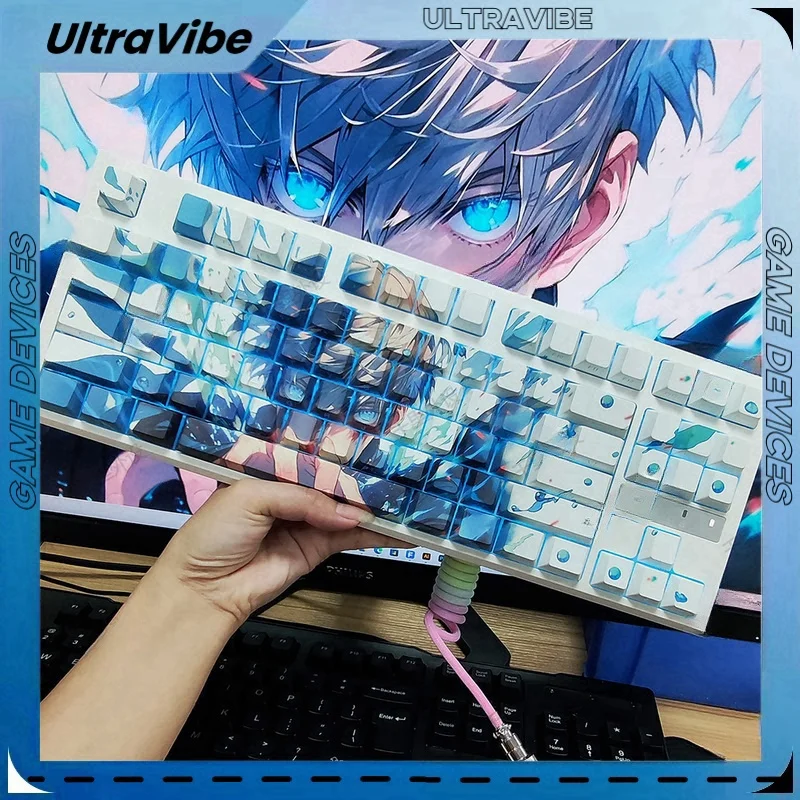 

Новые 136 клавиш Satoru Gojo колпачки для ключей пятисторонняя термосублимация с боковой гравировкой полупрозрачные персонализированные колпачки для ключей высотой вишни подарок