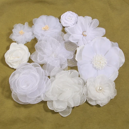 Juego de estilos mixtos de la serie Off White, flores de tela de gasa para invitación de boda, flores artificiales para decoración de sombrero y vestido, 10 Uds.