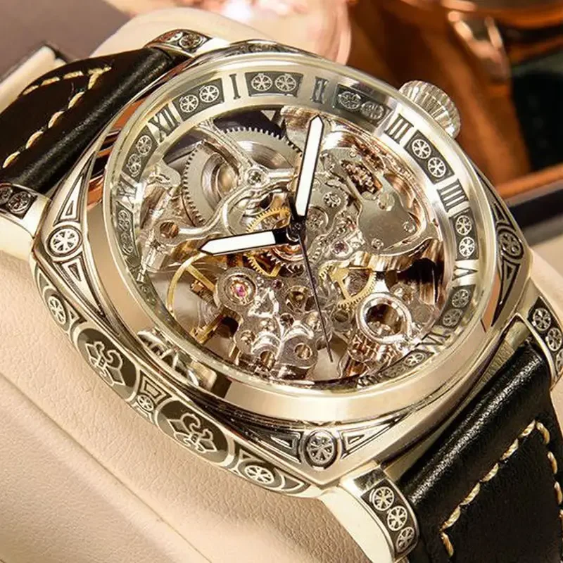 New men\'s mechanical watch hollowed out carved dial high-end elegant leather strap luxurious man mechanical watches