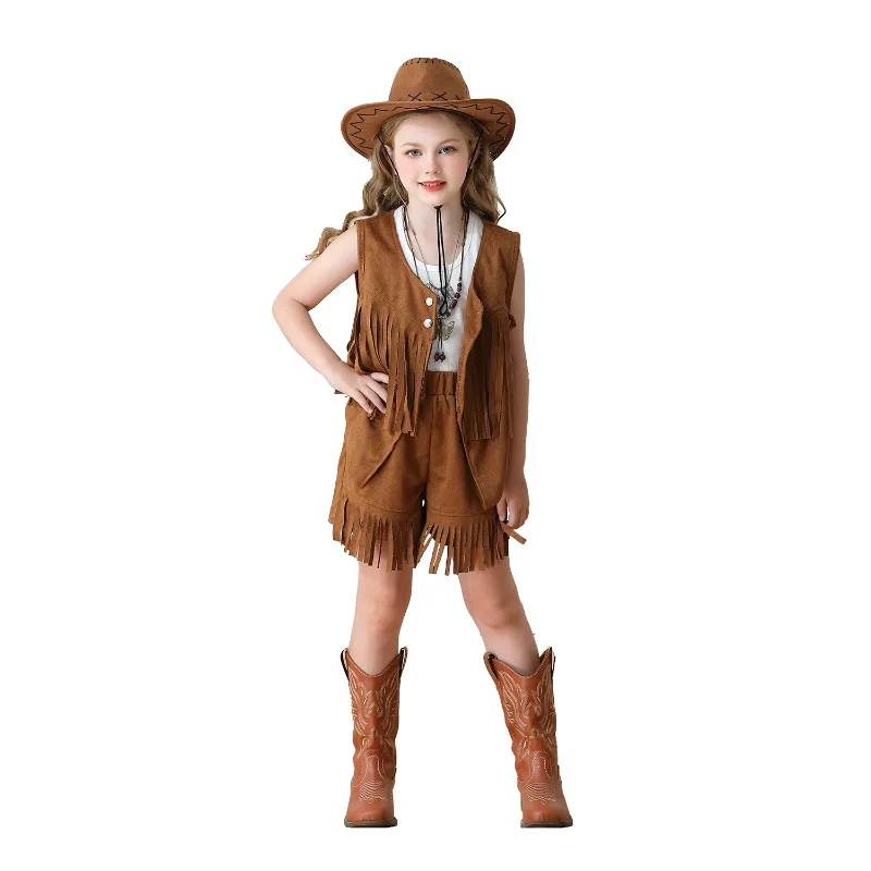 New Carnival Cosplay Costume Tassel Vest Deerskin Western Denim Shorts Theme Party Role Playing Outfit for 8 Years Old and Above view 3