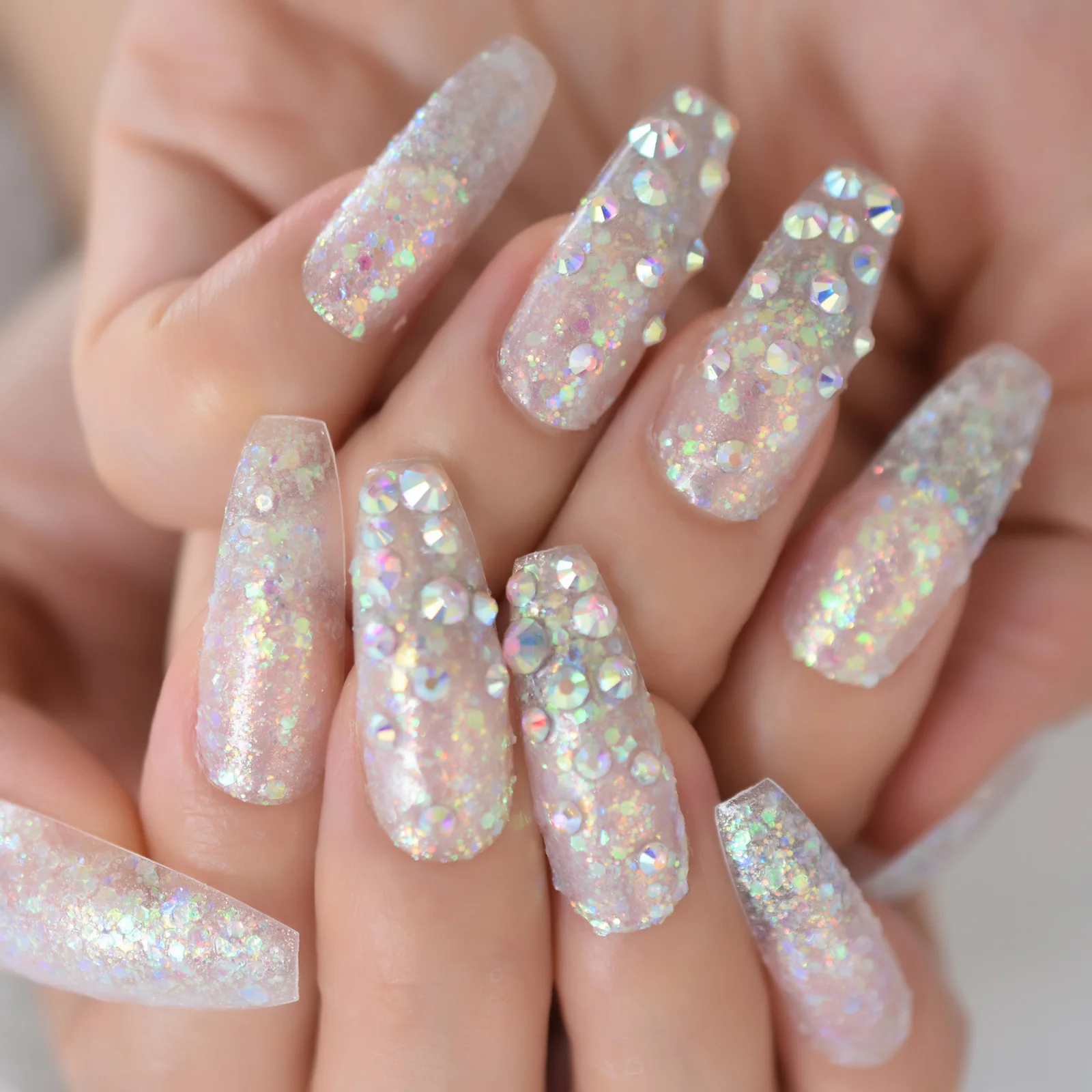 Colorido glitter cristal diamante bailarina francesa imprensa em unhas falsas caixão extra longo uv acrílico dedos falsos prego