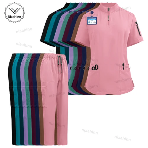 Conjuntos de pantalones de manga corta para mujer, batas quirúrgicas de Color sólido, accesorios médicos, manicura, esteticista, conjuntos de exfoliación de enfermería