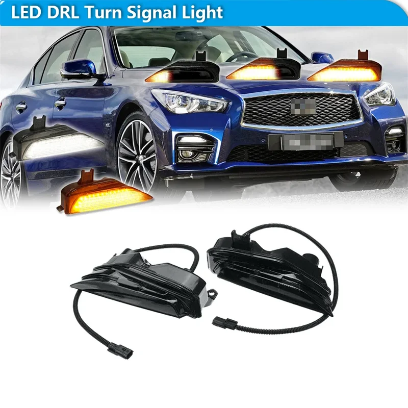 

Для Infiniti Q50 Q50S Sport 2014-2020 двухцветные динамические янтарные светодиодные указатели поворота переднего бампера с белыми DRL дальними огнями
