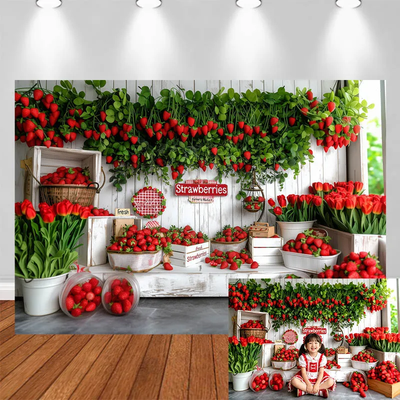 LS Photography Background Strawberry Flower White Wooden Crate Decor Cake Smash Adults Kids Portrait Photo Backdrop Studio
