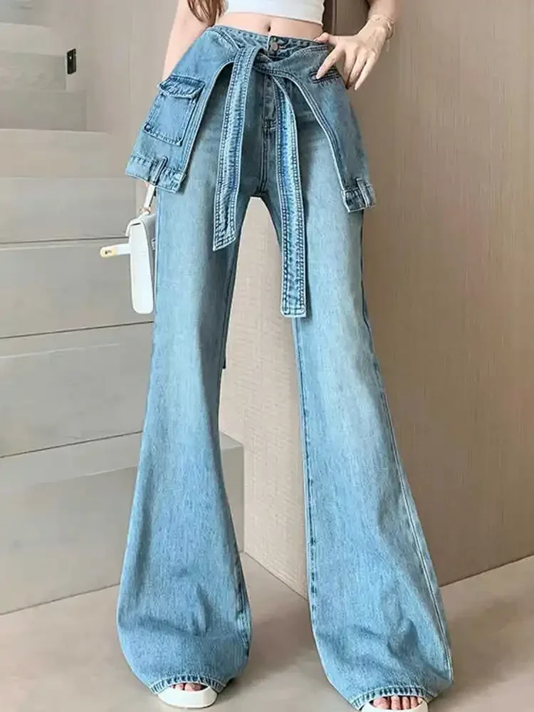 

Винтажные синие искусственные джинсы из двух частей, женская уличная одежда, нерегулярные лоскутные брюки с несколькими карманами, уличная мода, джинсовые брюки с высокой талией