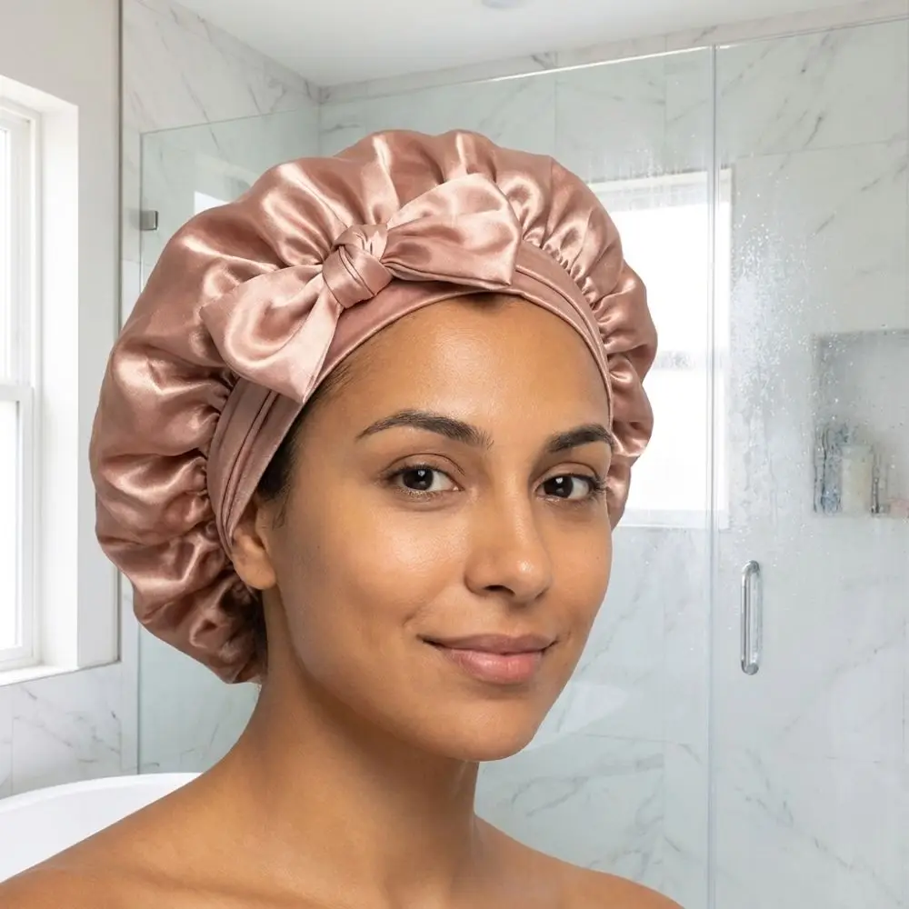 Gentle Satin Material Sleeping Bonnet Adjustable Strap Solid Color Hair Care Cap Wide Brim Design Soft Night Sleep Cap For Women