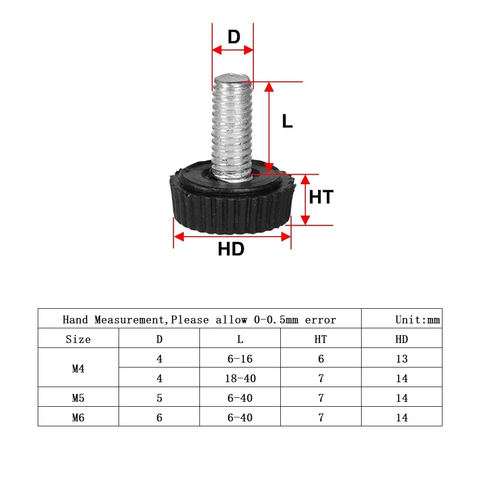 Round Head Handle Hand Screw  Round Knurled Rubber Thumb Screw Plastic Tighten Bolt Nuts Knob Black/White Plastic M4 M5 M6 10Pcs