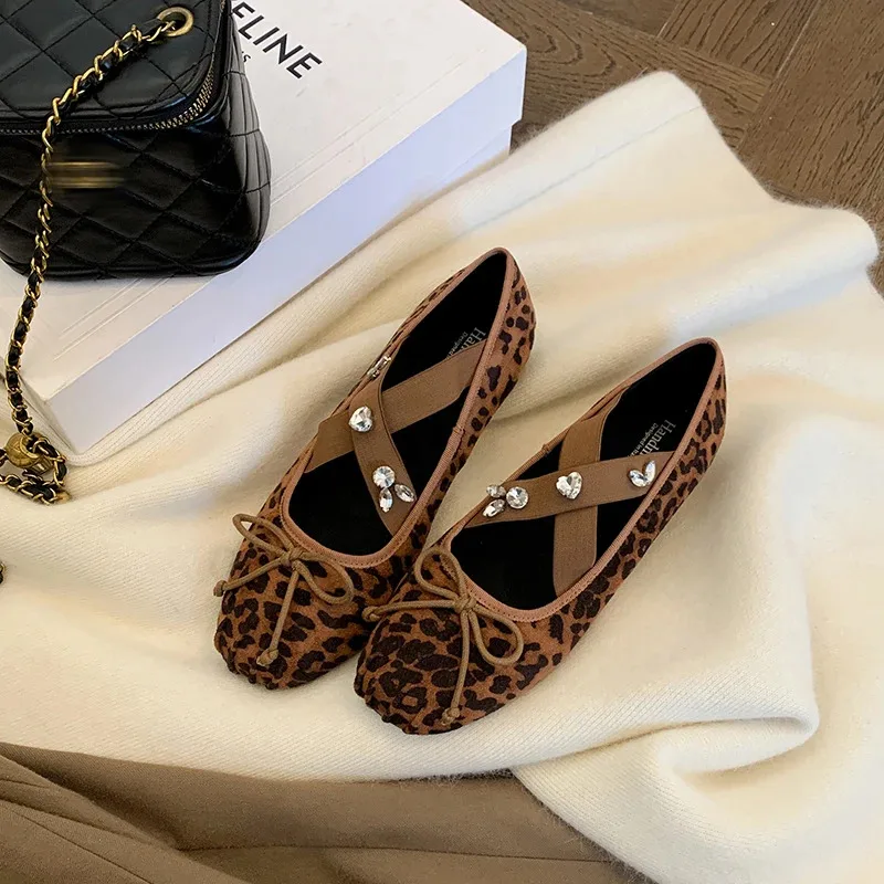 

Women’s Genuine Leather Mary Janes Black Comfortable Elegant Luxury Ballet High Quality Round Toe Leopard Woman Summer Shoes