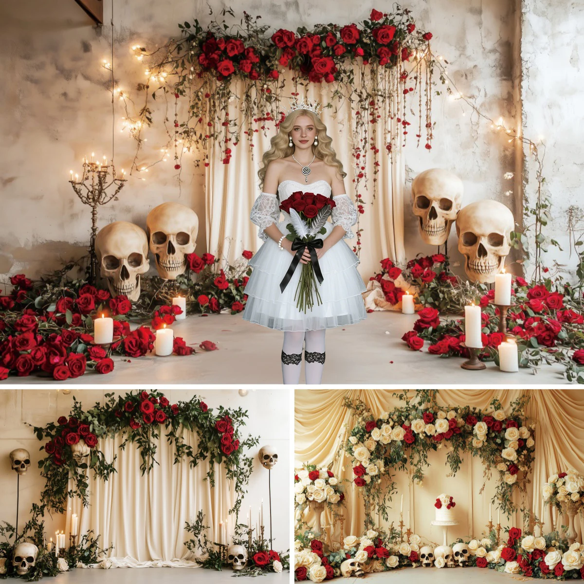 هالوين الرعب تحت عنوان الجمجمة الورود الزفاف خلفية الزهور الحمراء الشموع الاطفال الطفل التصوير الكبار التصوير الفوتوغرافي الدعائم الخلفيات