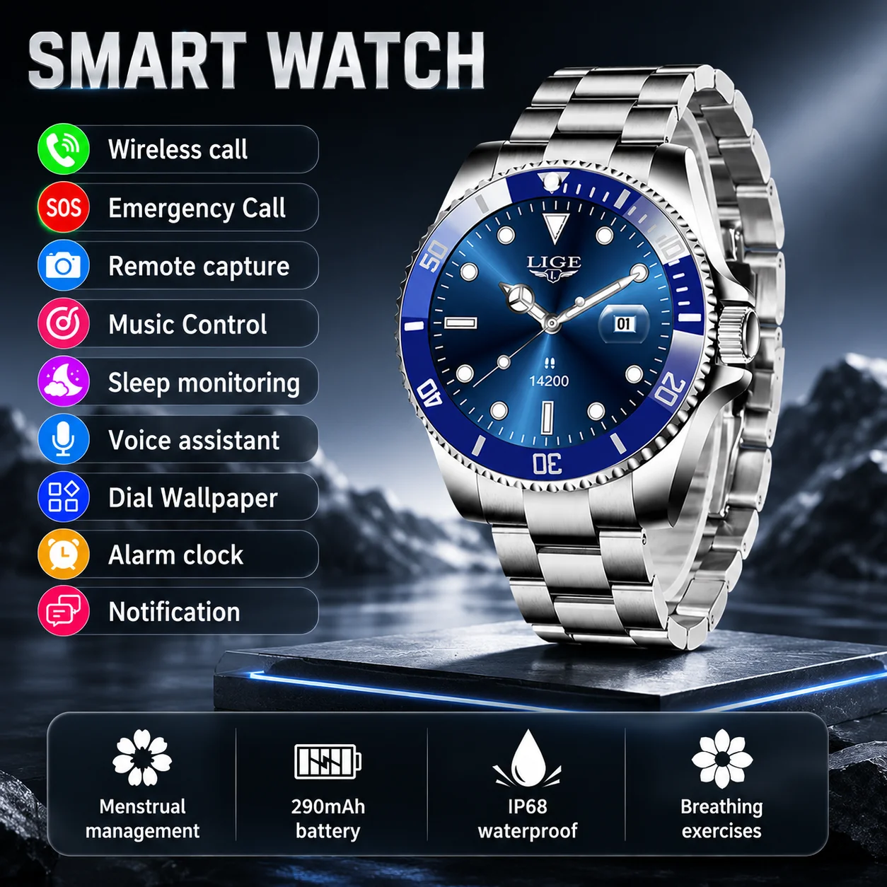 

LIGE Smart Watch 1.27" HD Large Screen 100+ Sports Modes Breathing exercises Voice Assistant Wireless Calling smartwatch for men