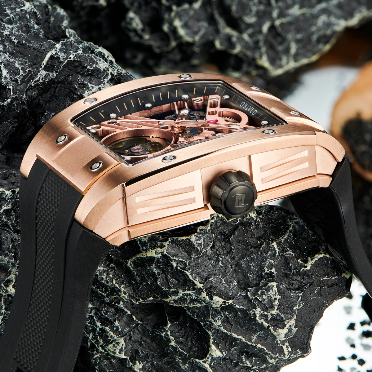 OBLVLO Mens Automatic Watches 44mm Luxury Mechanical Wristwatch Fashion Waterproof Tonneau Skeleton Dial Sapphire  Rubber Strap